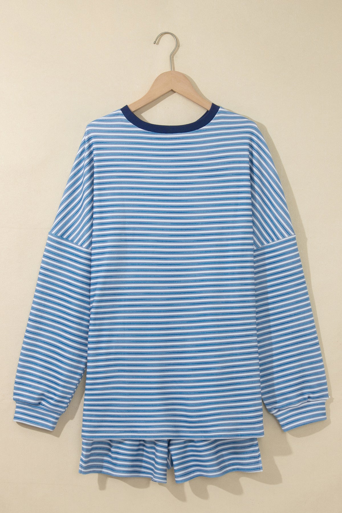 Sky Blue Stripe Long Sleeve Oversized Top Pocketed Casual Shorts Two Piece Set
