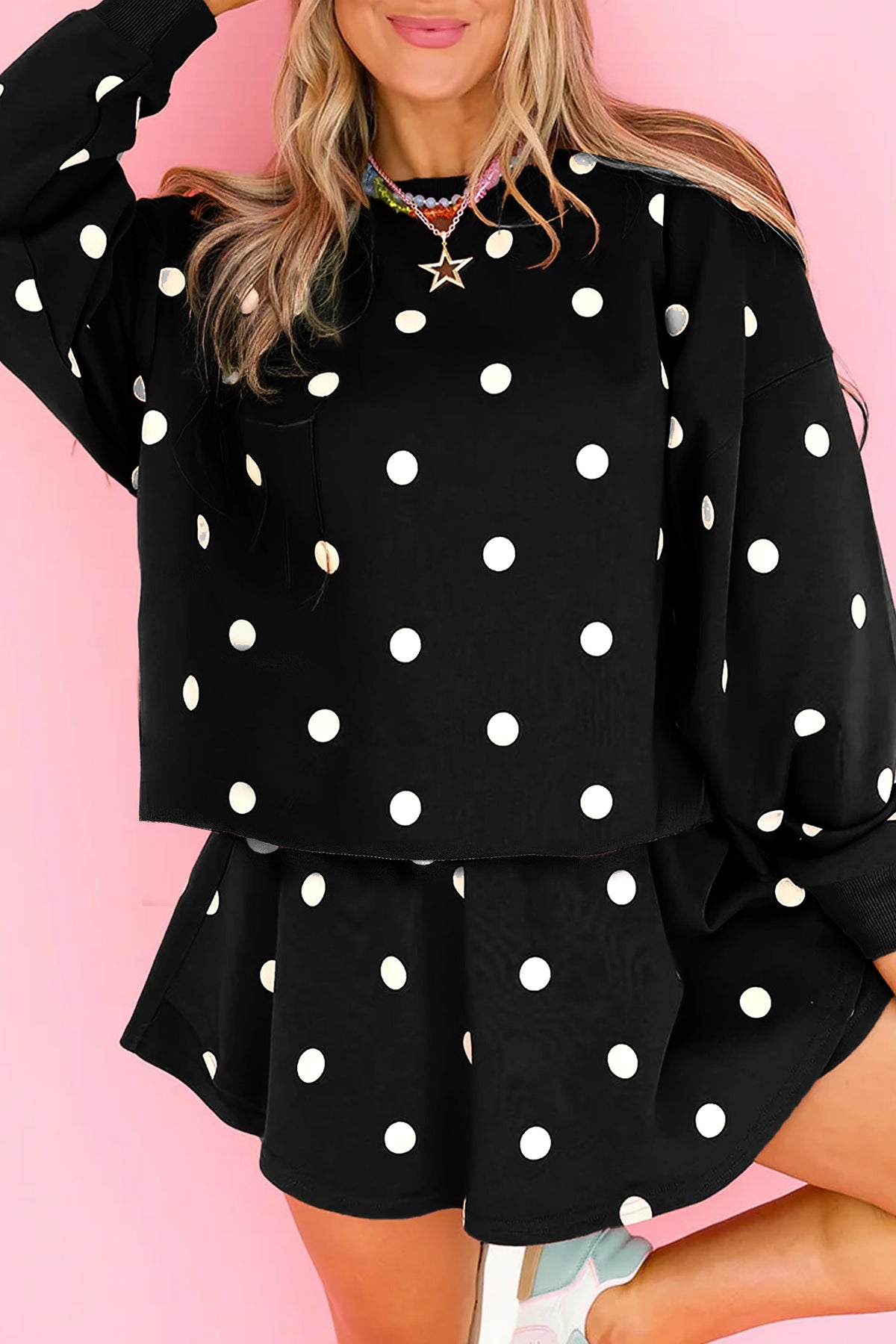 Red Polka Dot Raw Hem Relaxed Pullover Loose Skort Two Piece Set