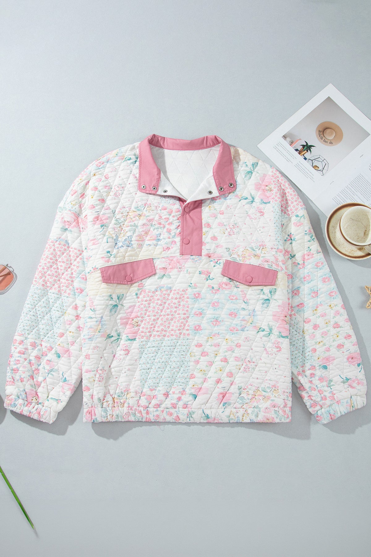 Pink Floral Quilted V-Neck Plus Size Fake Pocket Sweatshirt