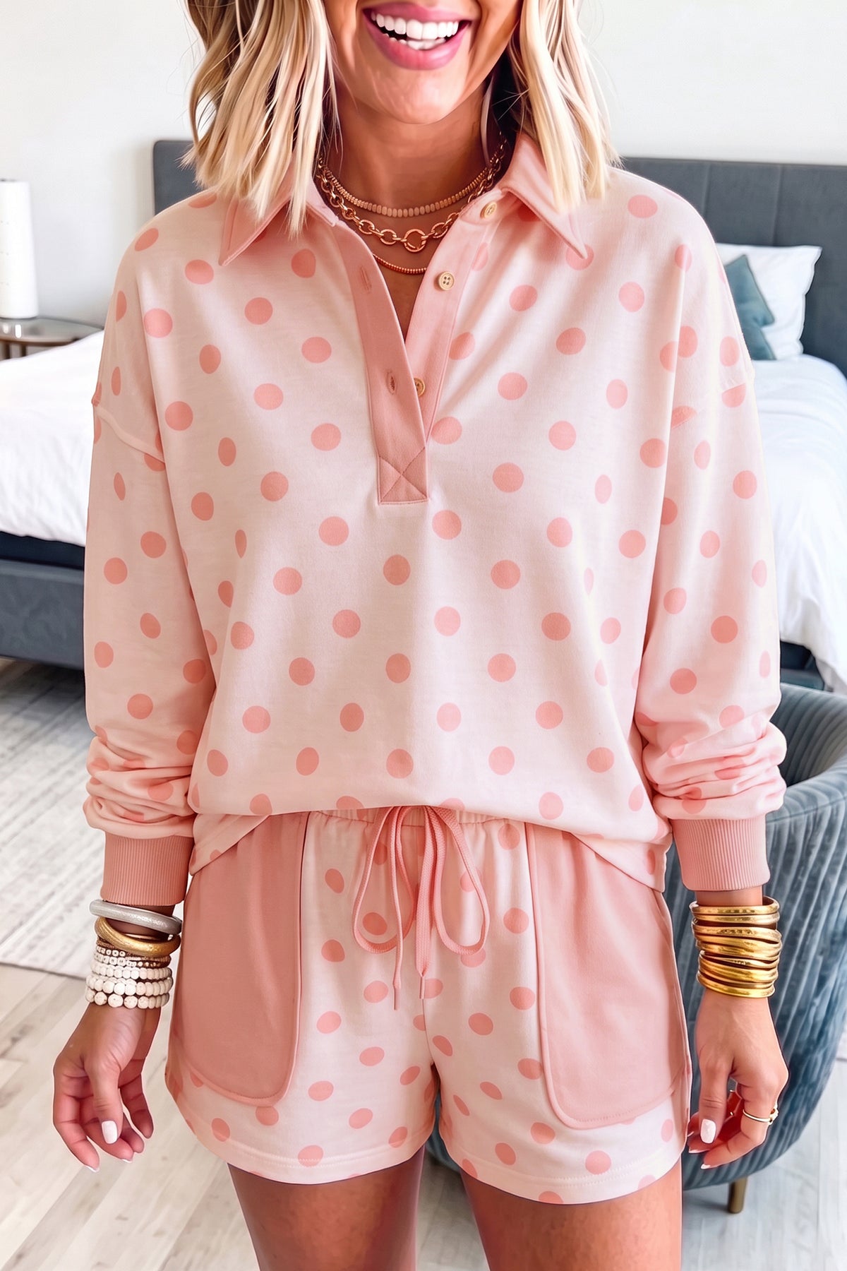 Sky Blue Polka Dot Drop Shoulder Polo Loose Pullover Patch Pocket Casual Shorts Set