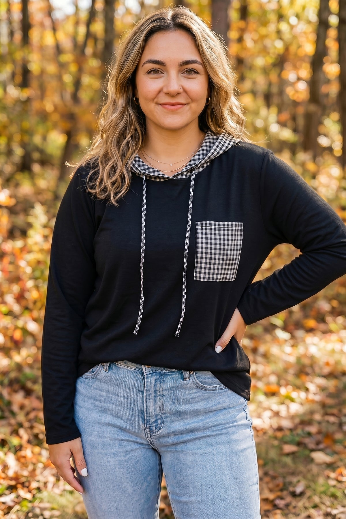 Black Hooded Gingham Paneling Chest Patch Pocket Long Sleeve Plus Size Blouse