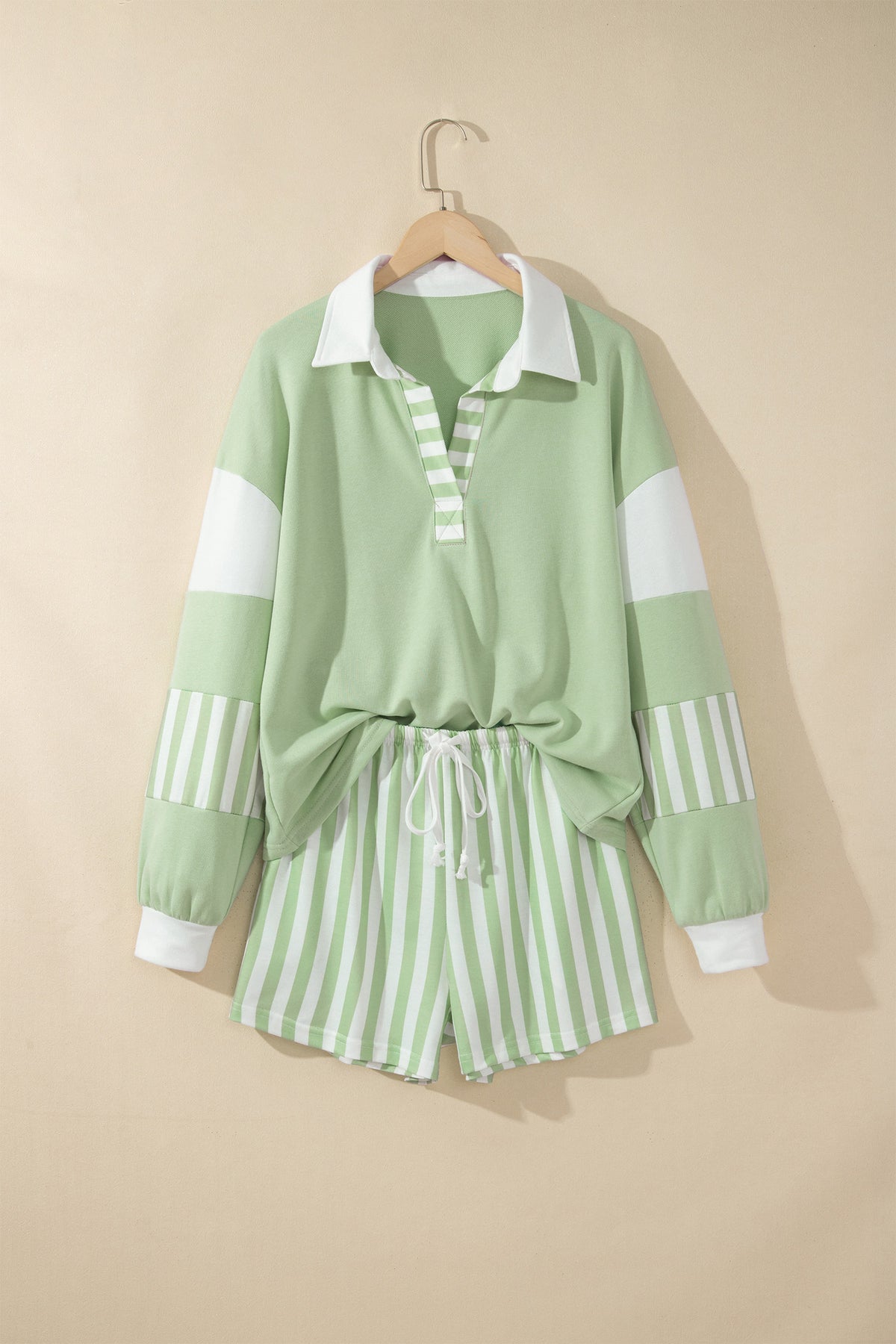 Gossamer Pink Striped Color Block Pullover Top Drawstring Shorts Set