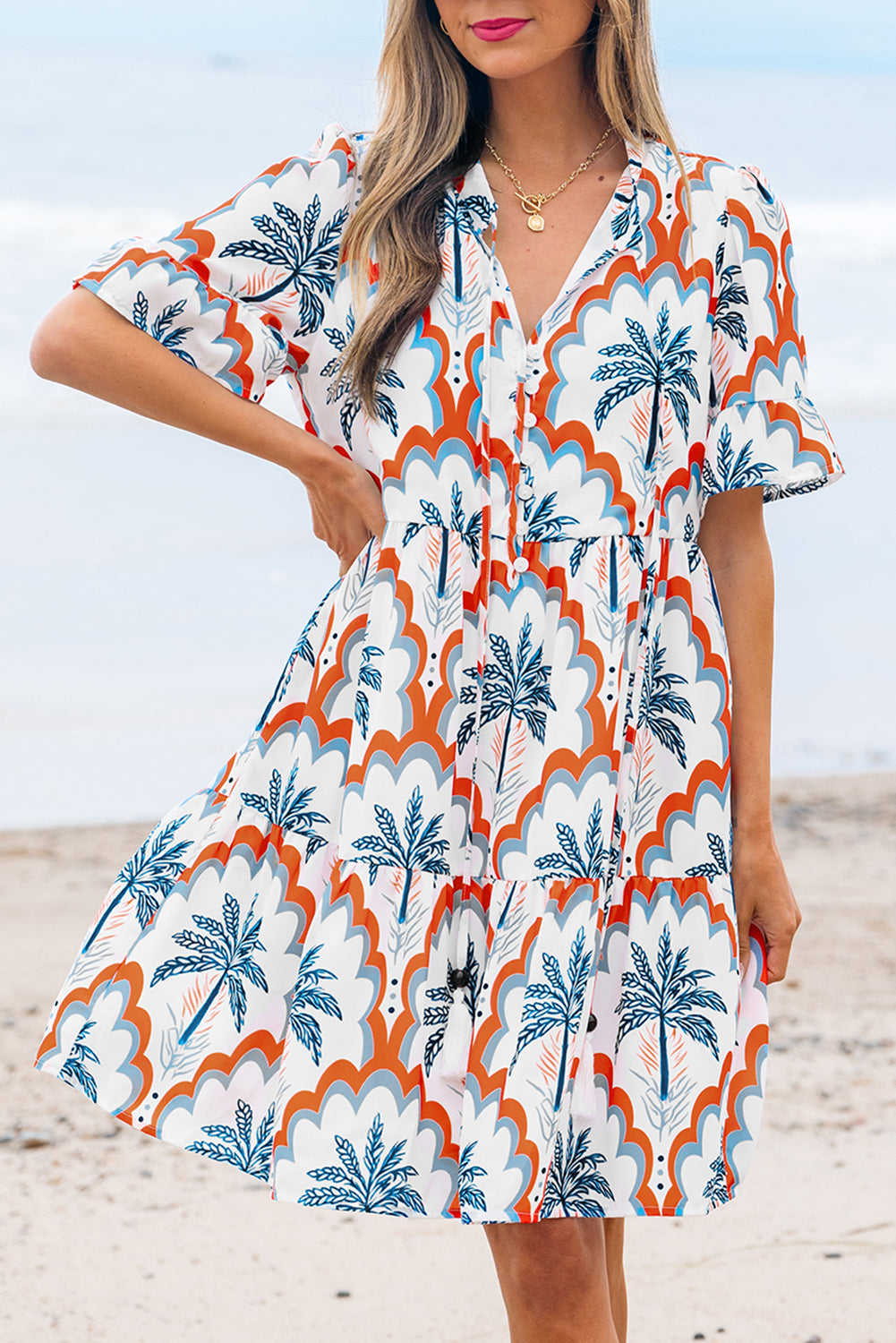 Orange Contrast Palm Tree Printed Short Sleeve Flowy Dress