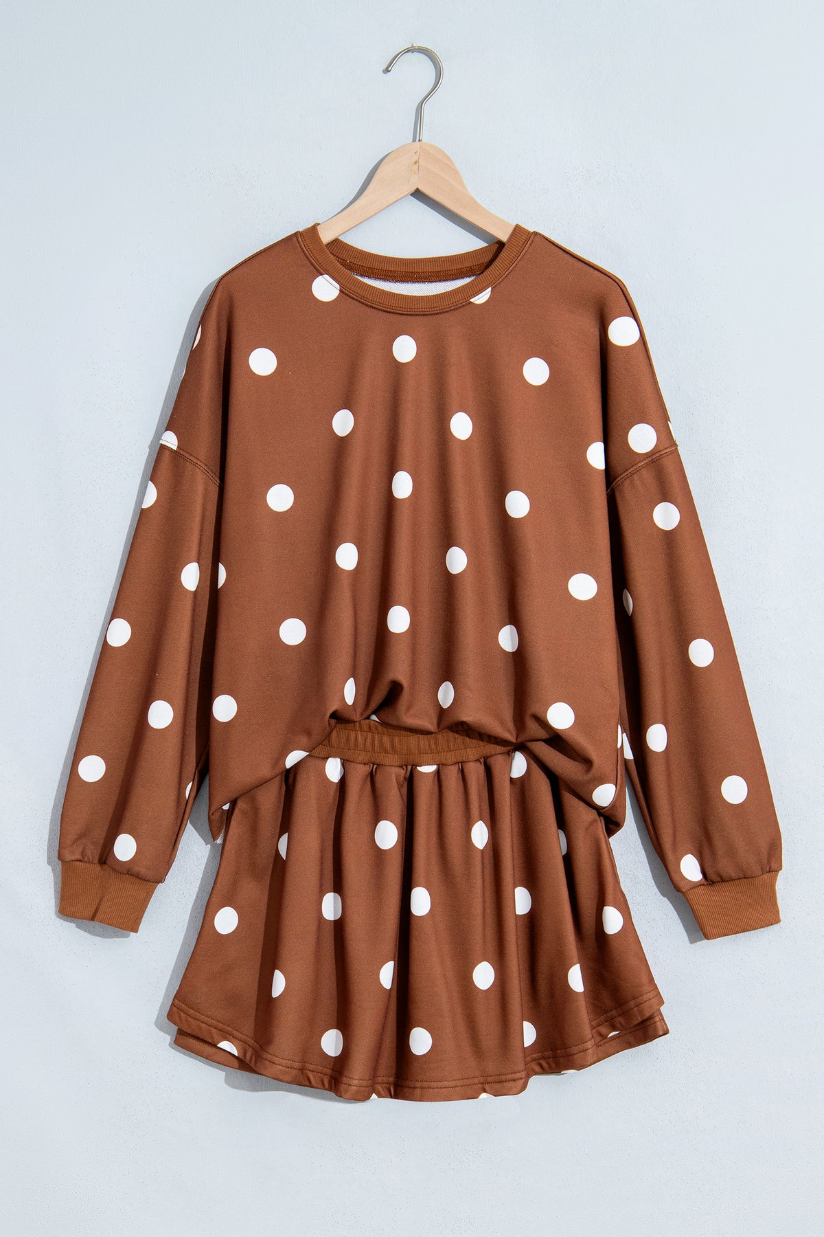 Brown Polka Dot Raw Hem Relaxed Pullover Loose Skort Two Piece Set