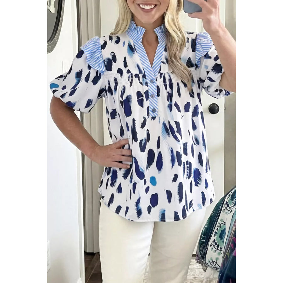 Abstract Animal Print Striped Ruffle Trim V Neck Blouse Apparel and Accessories
