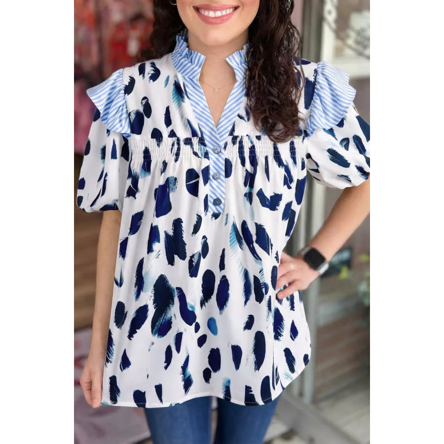 Abstract Animal Print Striped Ruffle Trim V Neck Blouse Apparel and Accessories