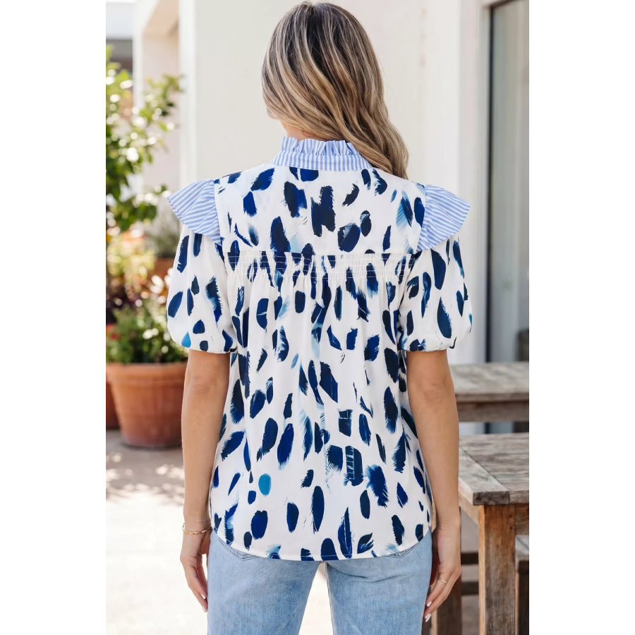 Abstract Animal Print Striped Ruffle Trim V Neck Blouse Apparel and Accessories