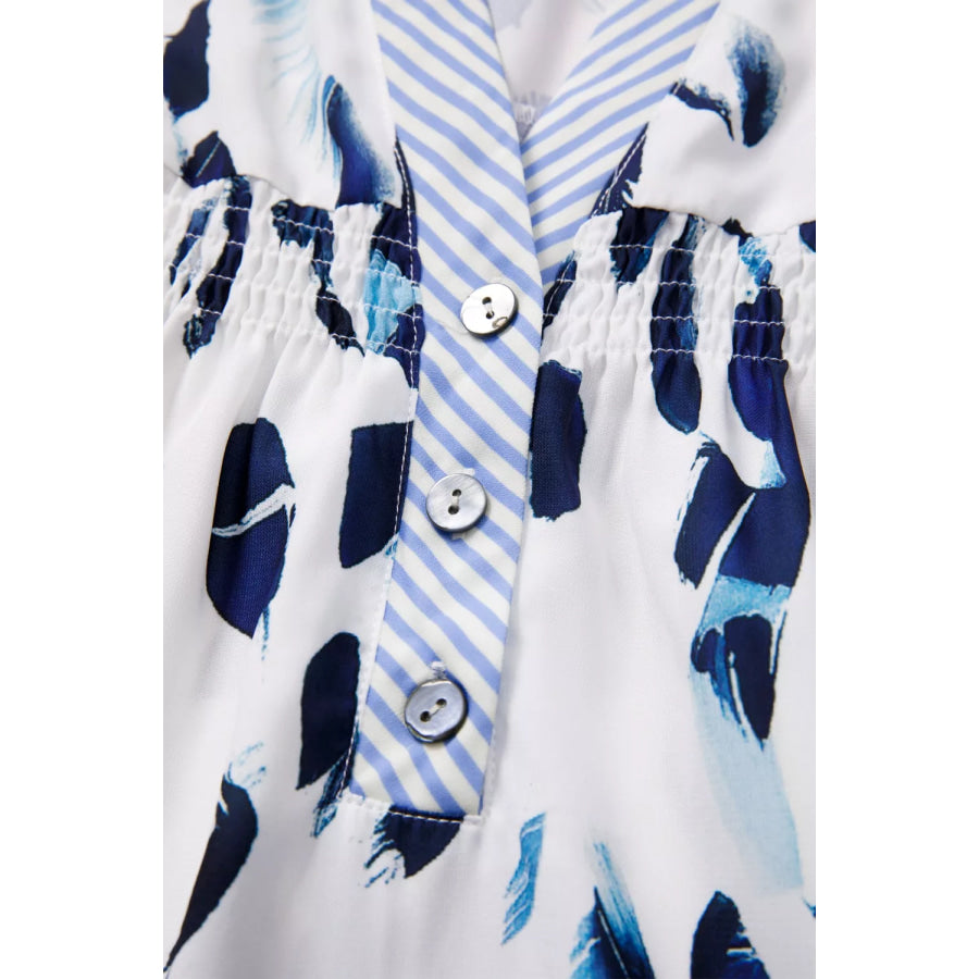 Abstract Animal Print Striped Ruffle Trim V Neck Blouse Apparel and Accessories