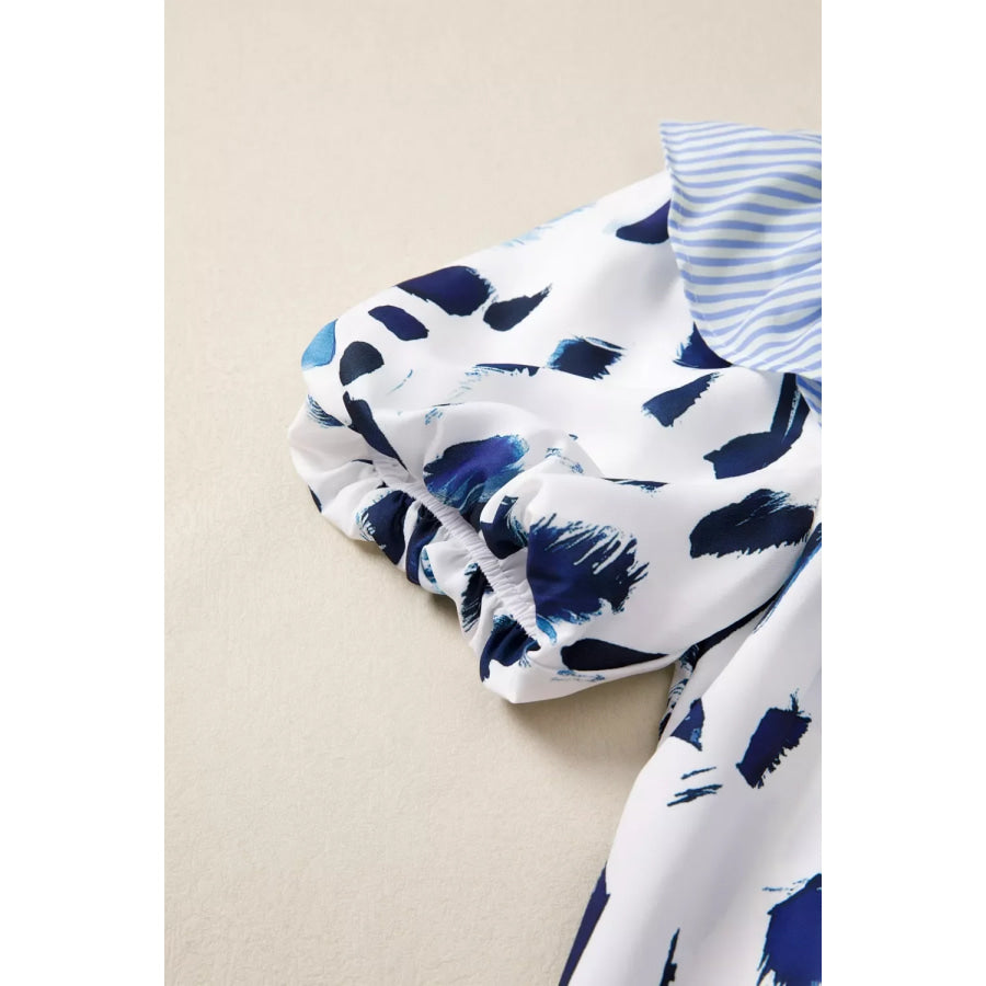 Abstract Animal Print Striped Ruffle Trim V Neck Blouse Apparel and Accessories