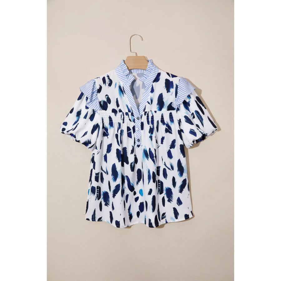 Abstract Animal Print Striped Ruffle Trim V Neck Blouse Apparel and Accessories