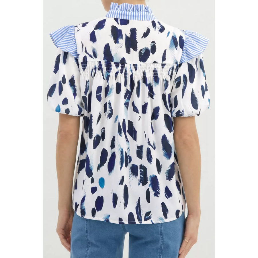 Abstract Animal Print Striped Ruffle Trim V Neck Blouse Apparel and Accessories