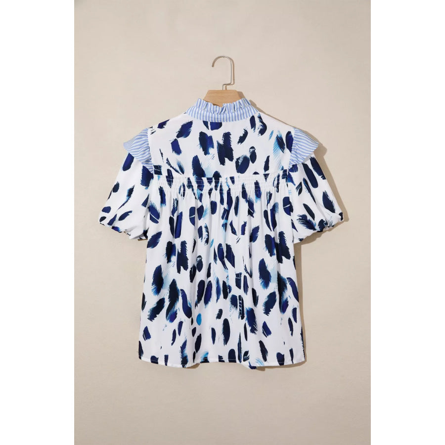 Abstract Animal Print Striped Ruffle Trim V Neck Blouse Apparel and Accessories