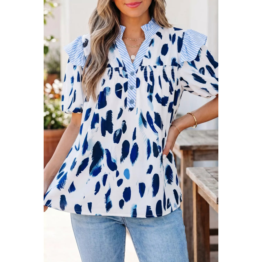 Abstract Animal Print Striped Ruffle Trim V Neck Blouse Light Blue / S Apparel and Accessories