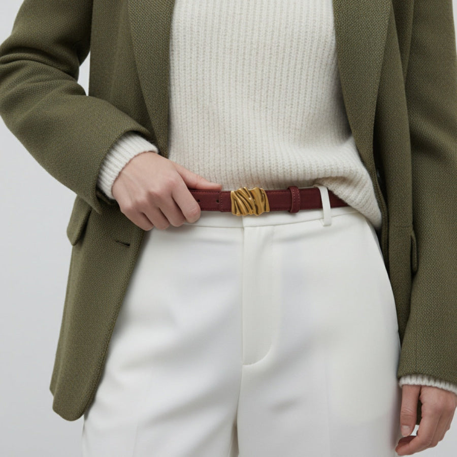 Abstract Buckle Leather Belt Red / One Size Apparel and Accessories