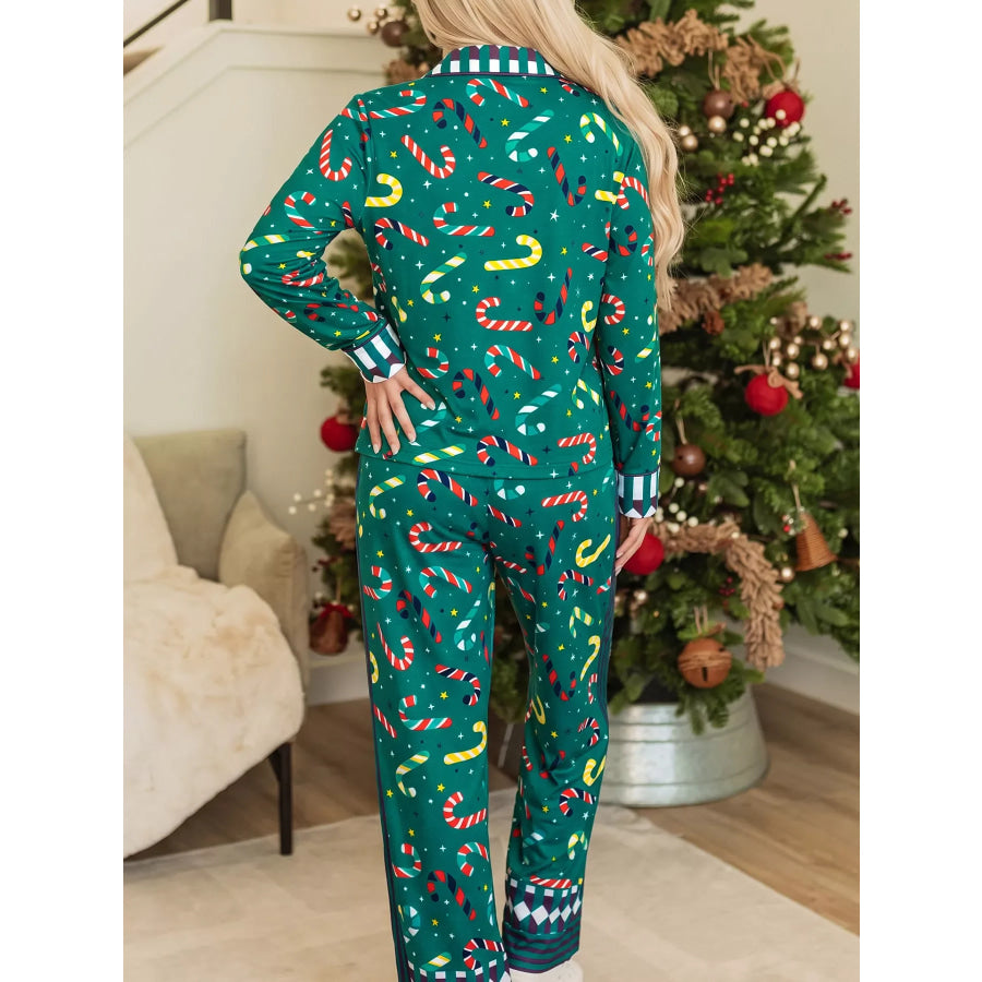 Abstract Candy Cane Print Long Sleeve Two Piece Lounge Set Dark Green / S Apparel and Accessories