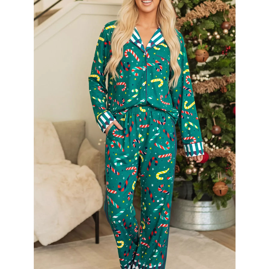 Abstract Candy Cane Print Long Sleeve Two Piece Lounge Set Dark Green / S Apparel and Accessories