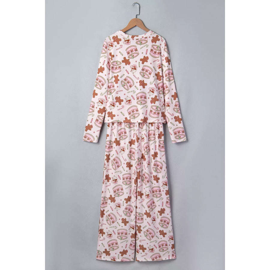 Abstract Christmas Print Long Sleeve Two Piece Lounge Set Apparel and Accessories