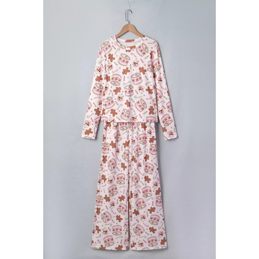 Abstract Christmas Print Long Sleeve Two Piece Lounge Set Apparel and Accessories