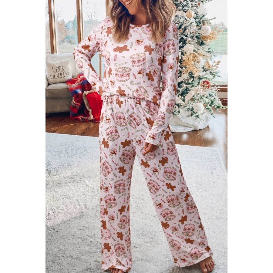 Abstract Christmas Print Long Sleeve Two Piece Lounge Set Apparel and Accessories
