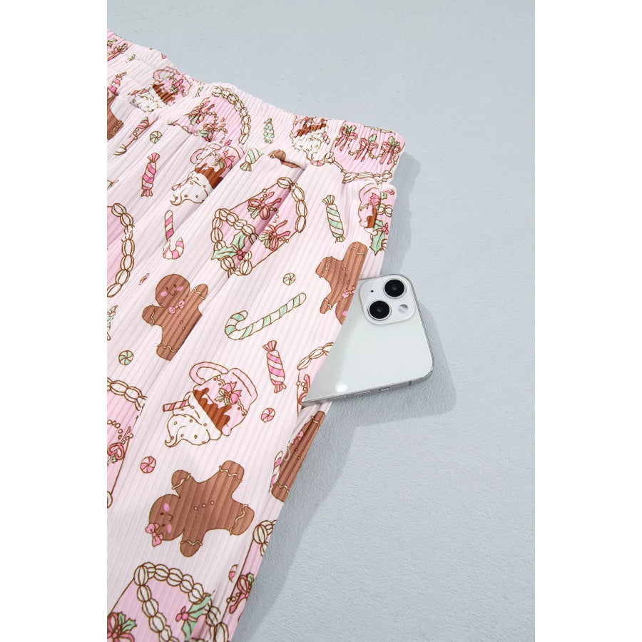 Abstract Christmas Print Long Sleeve Two Piece Lounge Set Apparel and Accessories