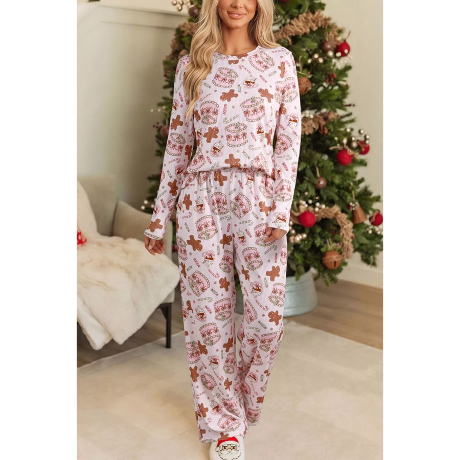 Abstract Christmas Print Long Sleeve Two Piece Lounge Set Dusty Pink / S Apparel and Accessories