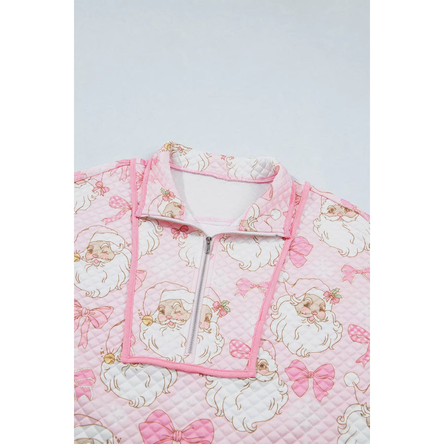 Abstract Christmas Print Zip-Up Collar Long Sleeve Sweatshirt Apparel and Accessories