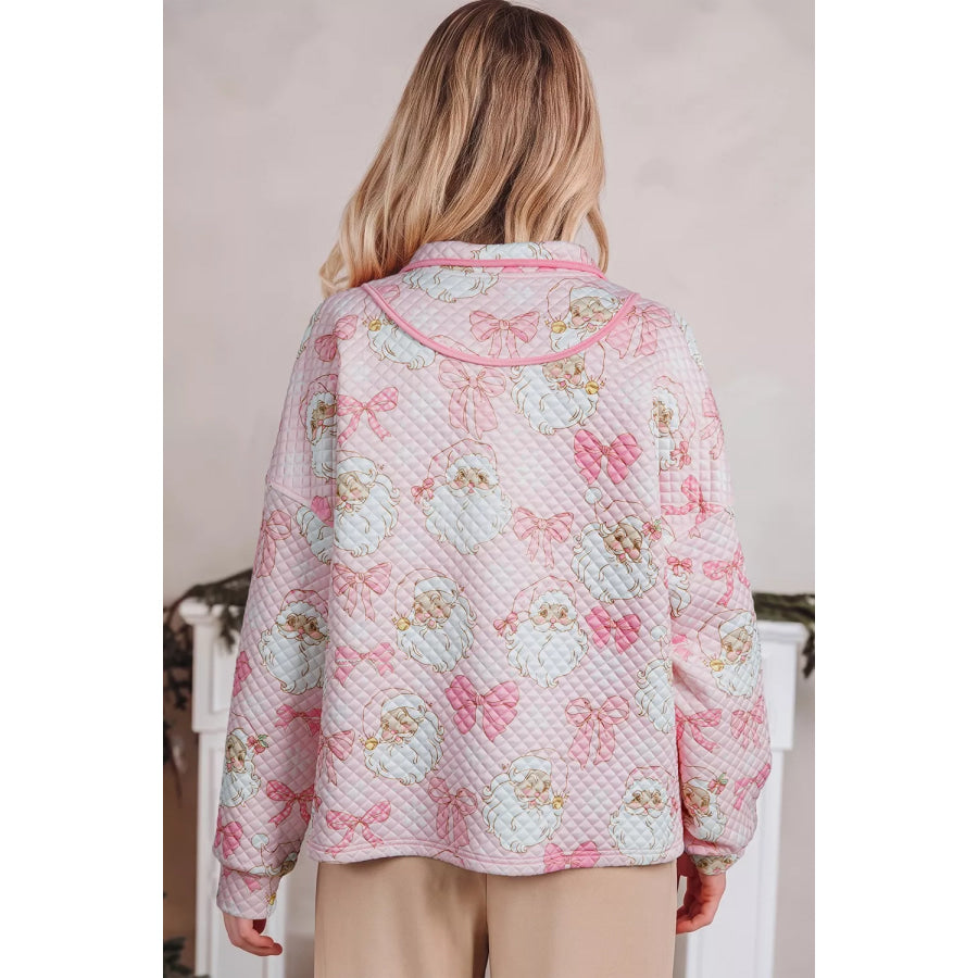 Abstract Christmas Print Zip-Up Collar Long Sleeve Sweatshirt Apparel and Accessories