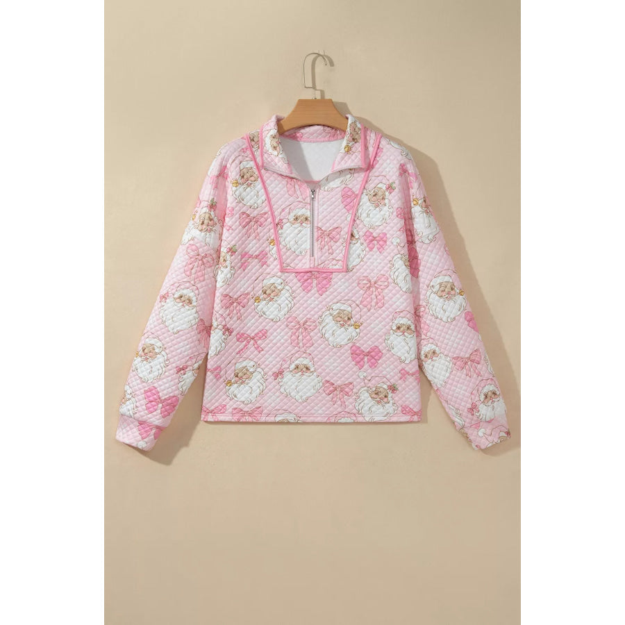 Abstract Christmas Print Zip-Up Collar Long Sleeve Sweatshirt Apparel and Accessories