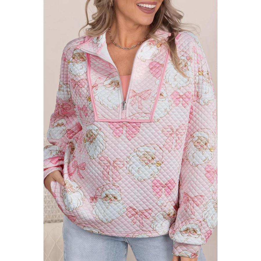 Abstract Christmas Print Zip-Up Collar Long Sleeve Sweatshirt Apparel and Accessories