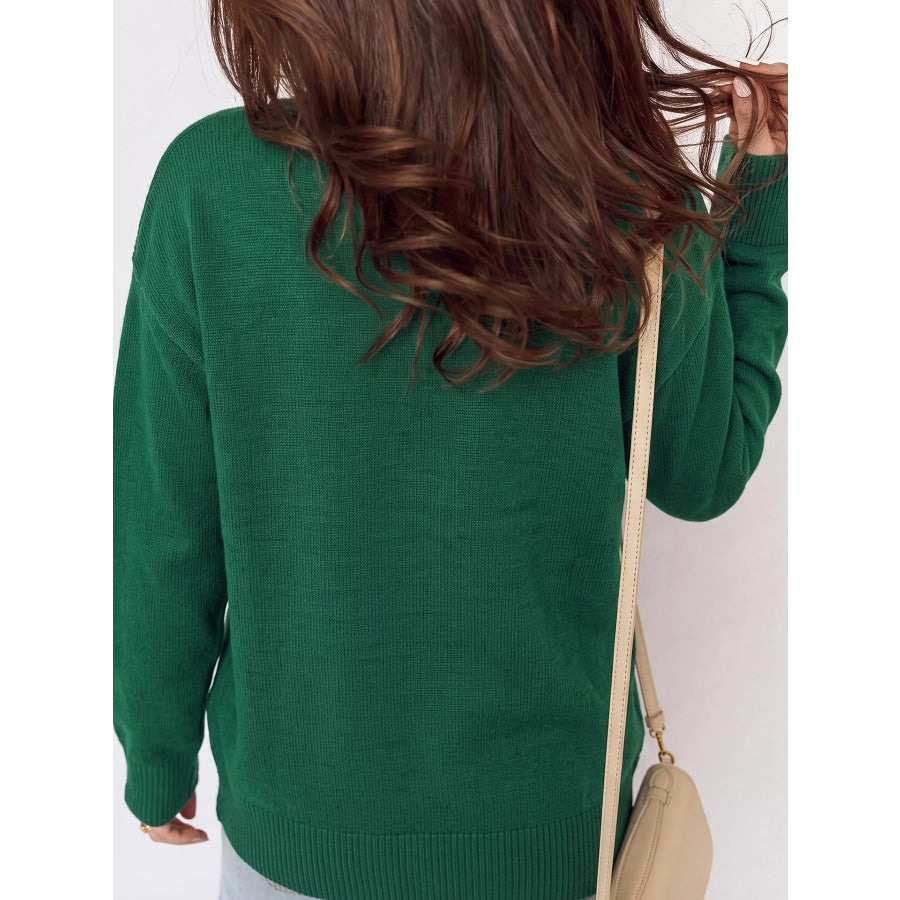 Abstract Dog Embroidery Christmas Round Neck Sweater Dark Green / S Apparel and Accessories