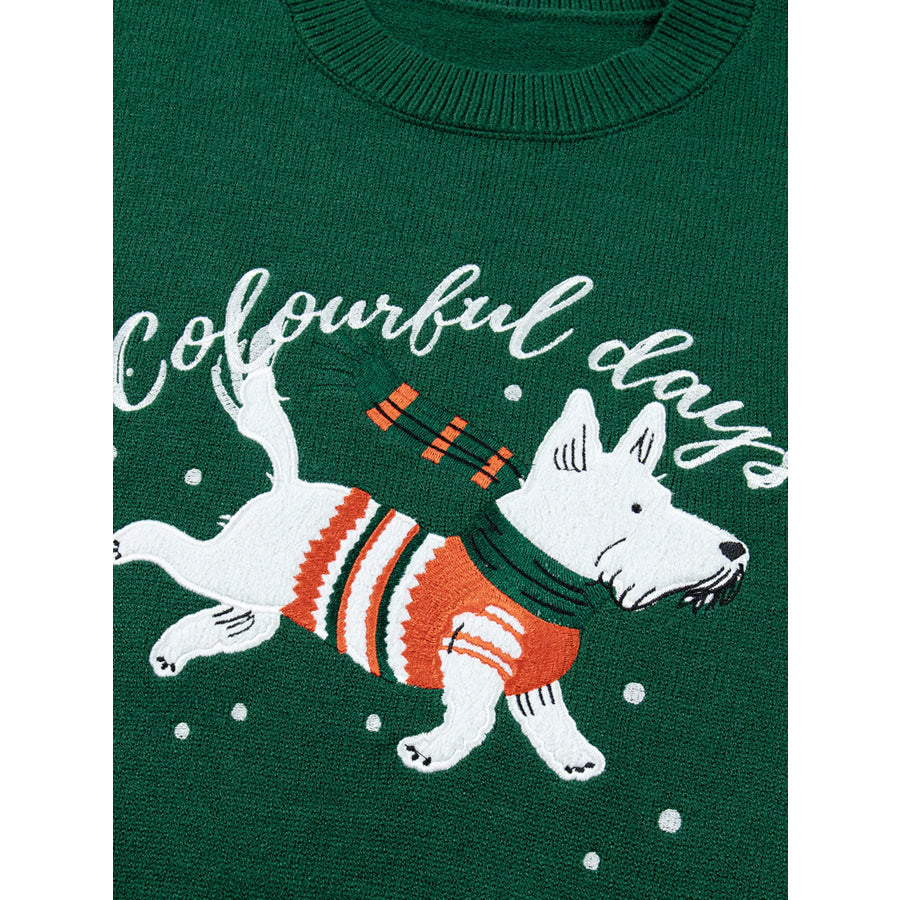 Abstract Dog Embroidery Christmas Round Neck Sweater Apparel and Accessories