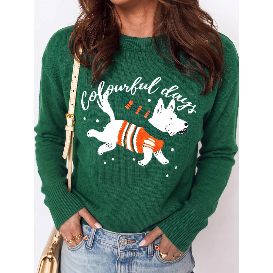 Abstract Dog Embroidery Christmas Round Neck Sweater Dark Green / S Apparel and Accessories