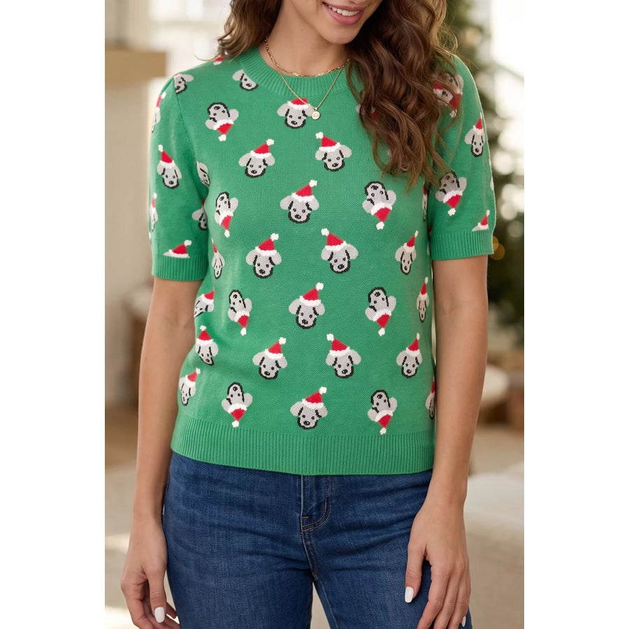 Abstract Dog Pattern Christmas Round Neck Short Sleeve Sweater Apparel and Accessories