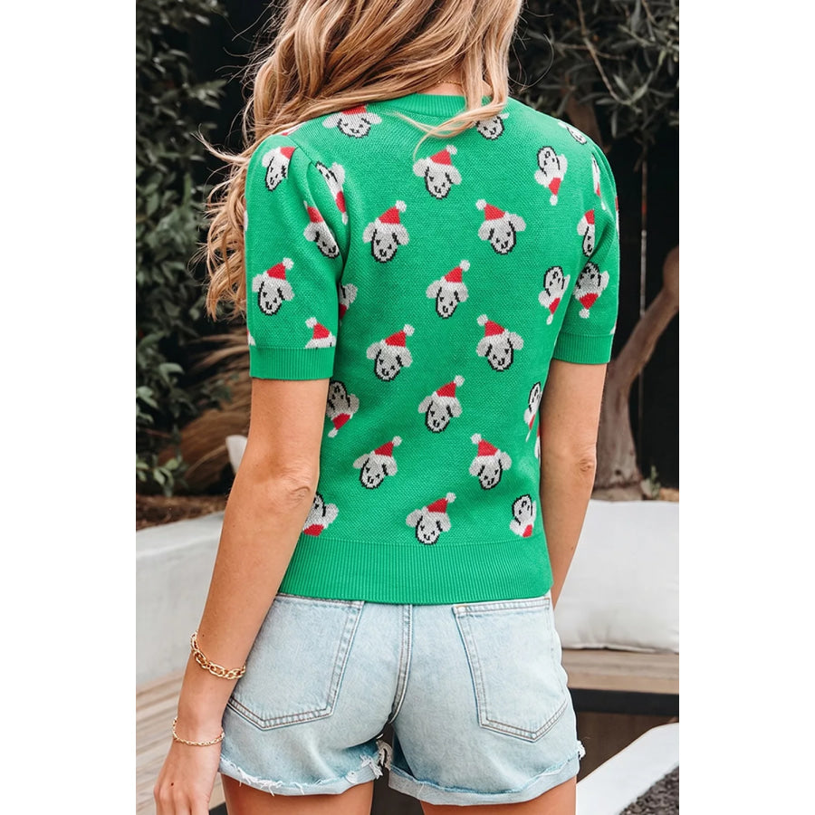 Abstract Dog Pattern Christmas Round Neck Short Sleeve Sweater Apparel and Accessories