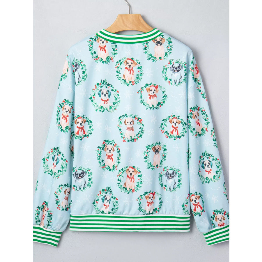 Abstract Dog Print Ribbed Cuff Round Neck Long Sleeve Sweatshirt Apparel and Accessories