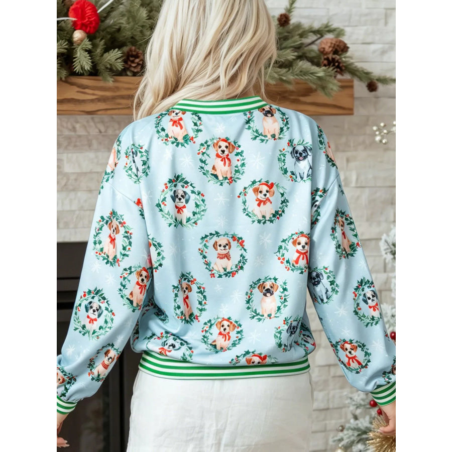 Abstract Dog Print Ribbed Cuff Round Neck Long Sleeve Sweatshirt Mint Blue / S Apparel and Accessories