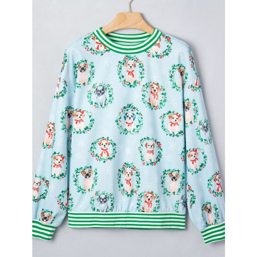 Abstract Dog Print Ribbed Cuff Round Neck Long Sleeve Sweatshirt Apparel and Accessories
