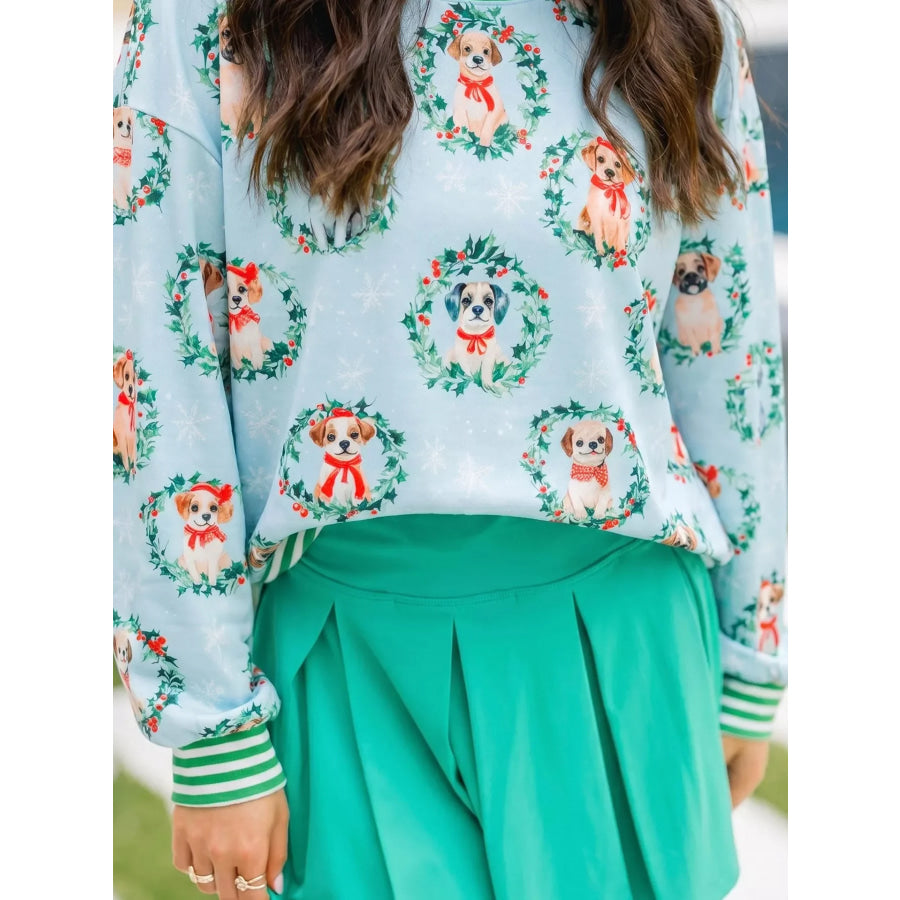 Abstract Dog Print Ribbed Cuff Round Neck Long Sleeve Sweatshirt Apparel and Accessories