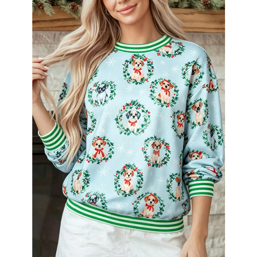 Abstract Dog Print Ribbed Cuff Round Neck Long Sleeve Sweatshirt Mint Blue / S Apparel and Accessories