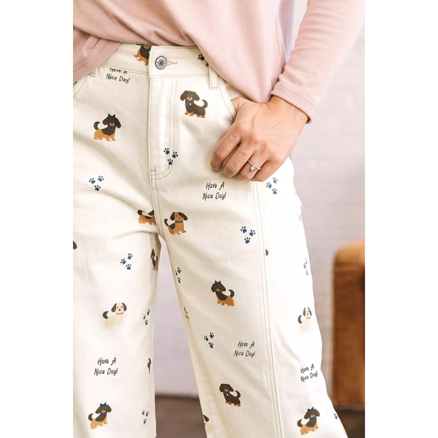 Abstract Dog Print Wide Leg Jeans Apparel and Accessories
