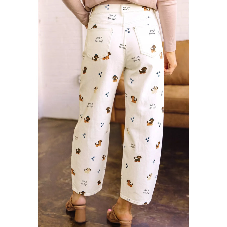 Abstract Dog Print Wide Leg Jeans Apparel and Accessories