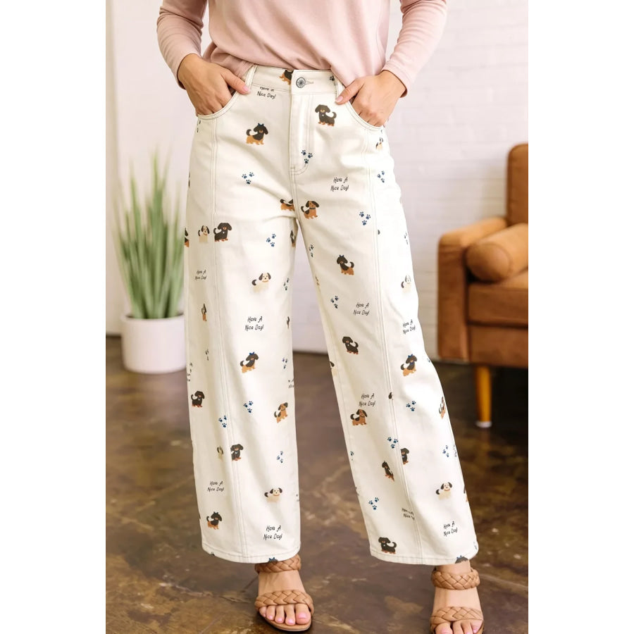 Abstract Dog Print Wide Leg Jeans White / 4 Apparel and Accessories