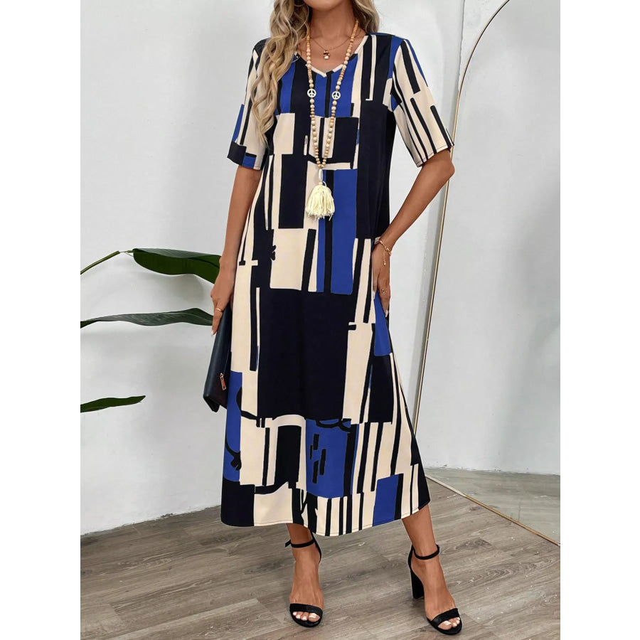 Abstract Geometric Print V-Neck Midi Dress Apparel and Accessories