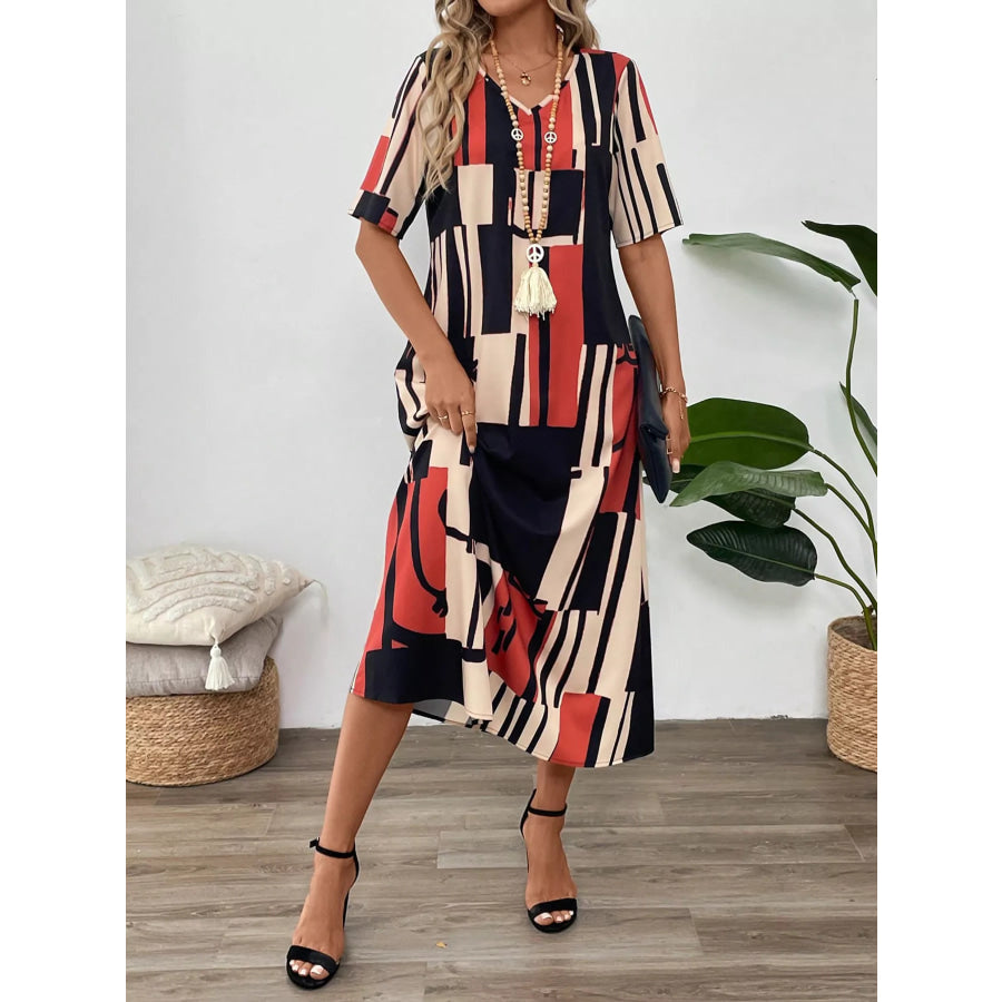 Abstract Geometric Print V-Neck Midi Dress Apparel and Accessories
