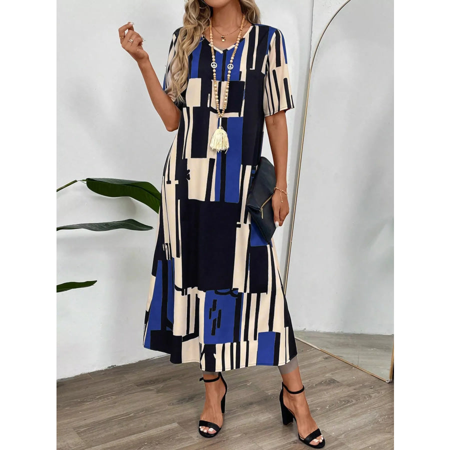 Abstract Geometric Print V-Neck Midi Dress Apparel and Accessories