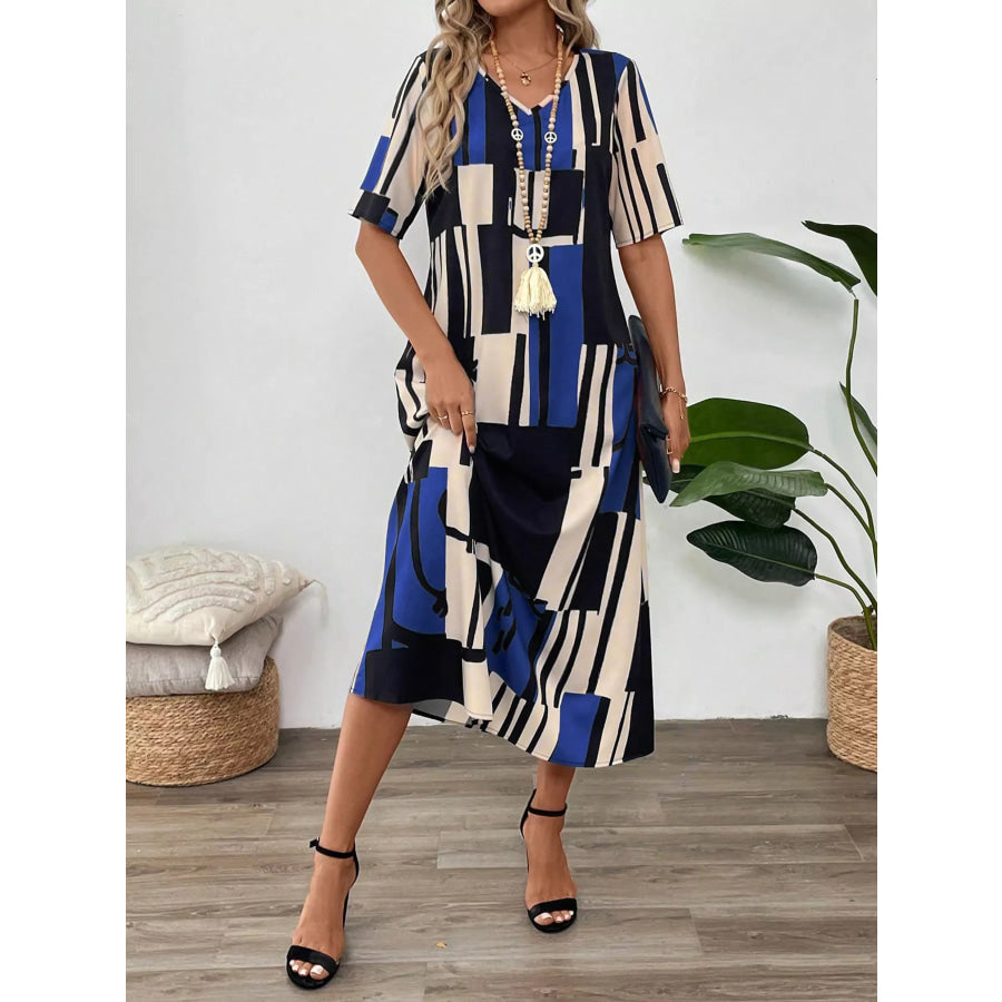Abstract Geometric Print V-Neck Midi Dress Apparel and Accessories