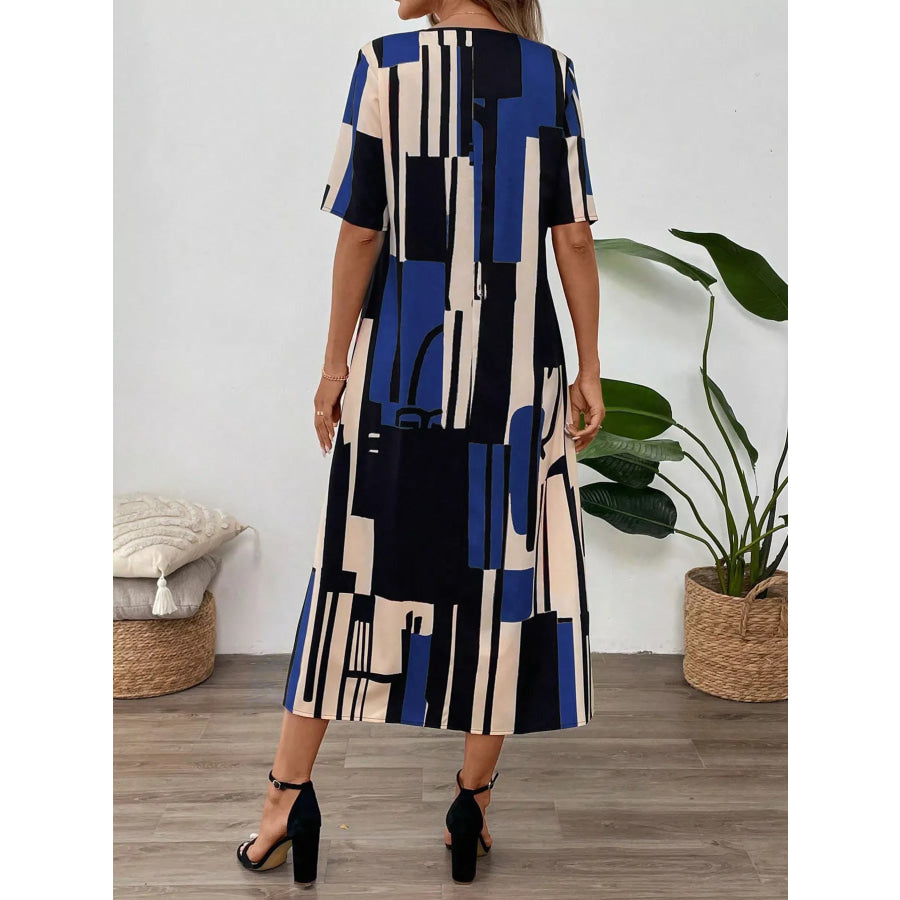 Abstract Geometric Print V-Neck Midi Dress Apparel and Accessories