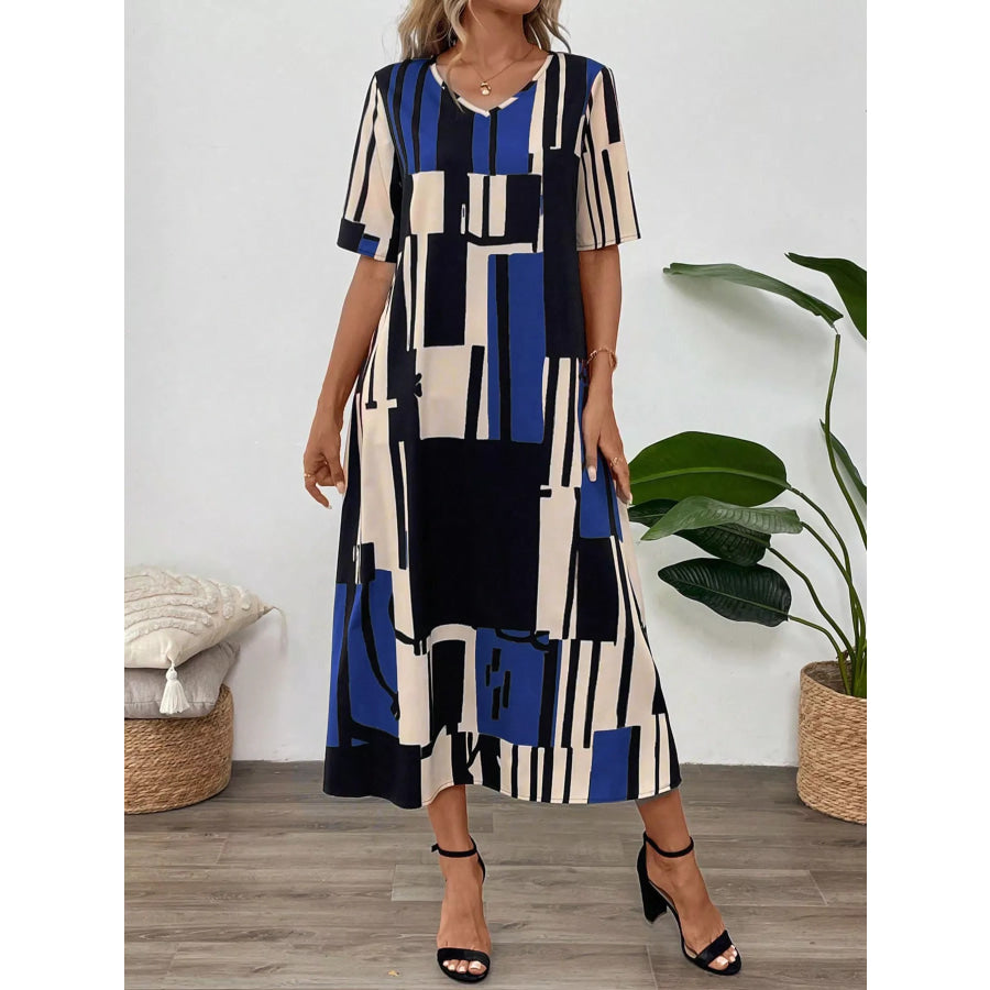 Abstract Geometric Print V-Neck Midi Dress Apparel and Accessories