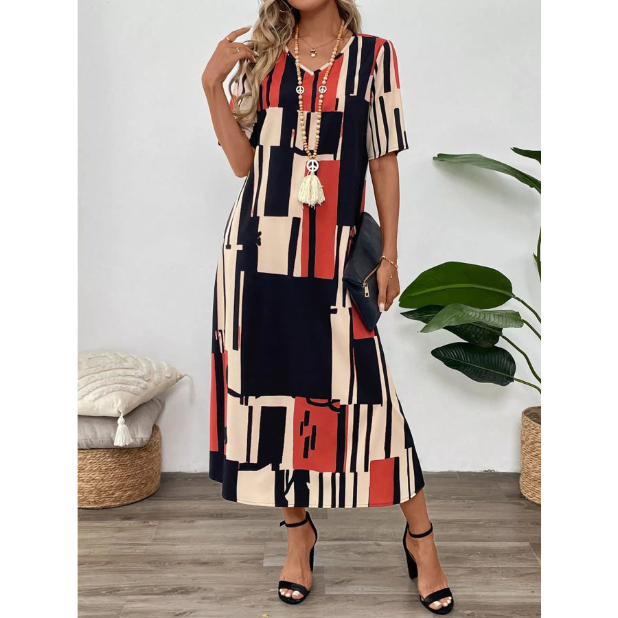 Abstract Geometric Print V-Neck Midi Dress Apparel and Accessories