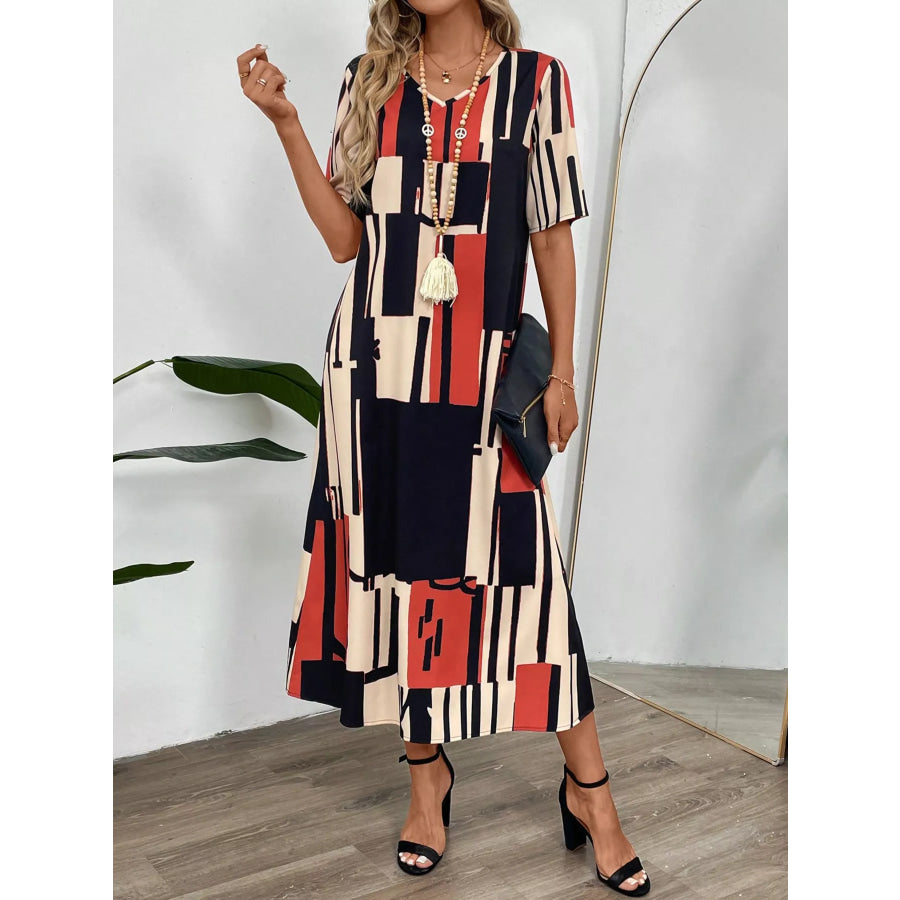 Abstract Geometric Print V-Neck Midi Dress Apparel and Accessories